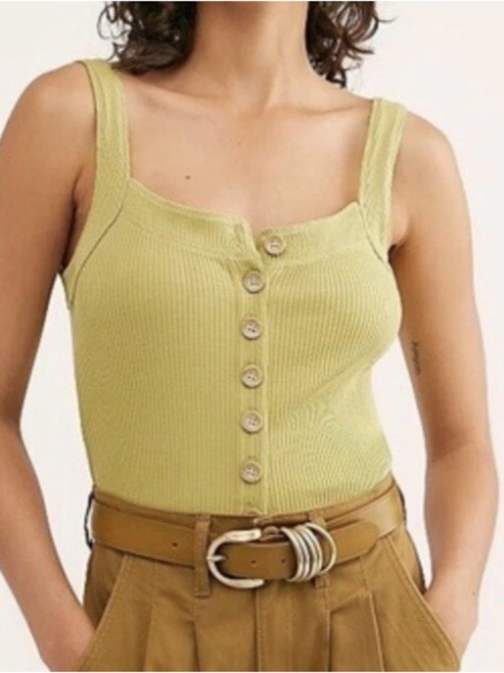 Free People Ribbed Bridgette Button Tarragon Green Tank Shirt Top size medium